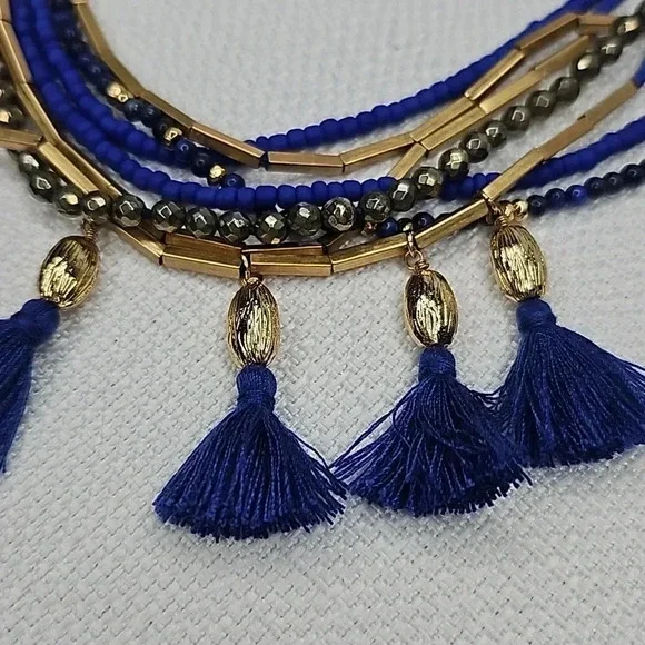 Retired Vintage Stella & Dot Tulum Tassel Necklace Gold Blue Beaded Versatile - Picture 14 of 16
